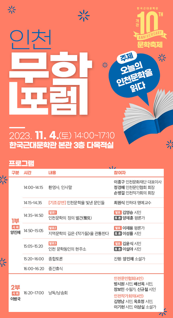 2023년 한국근대문학관 개관 10주년 문학축제 <인천문학 포럼 : 오늘의 인천문학을 읽다> 포스터